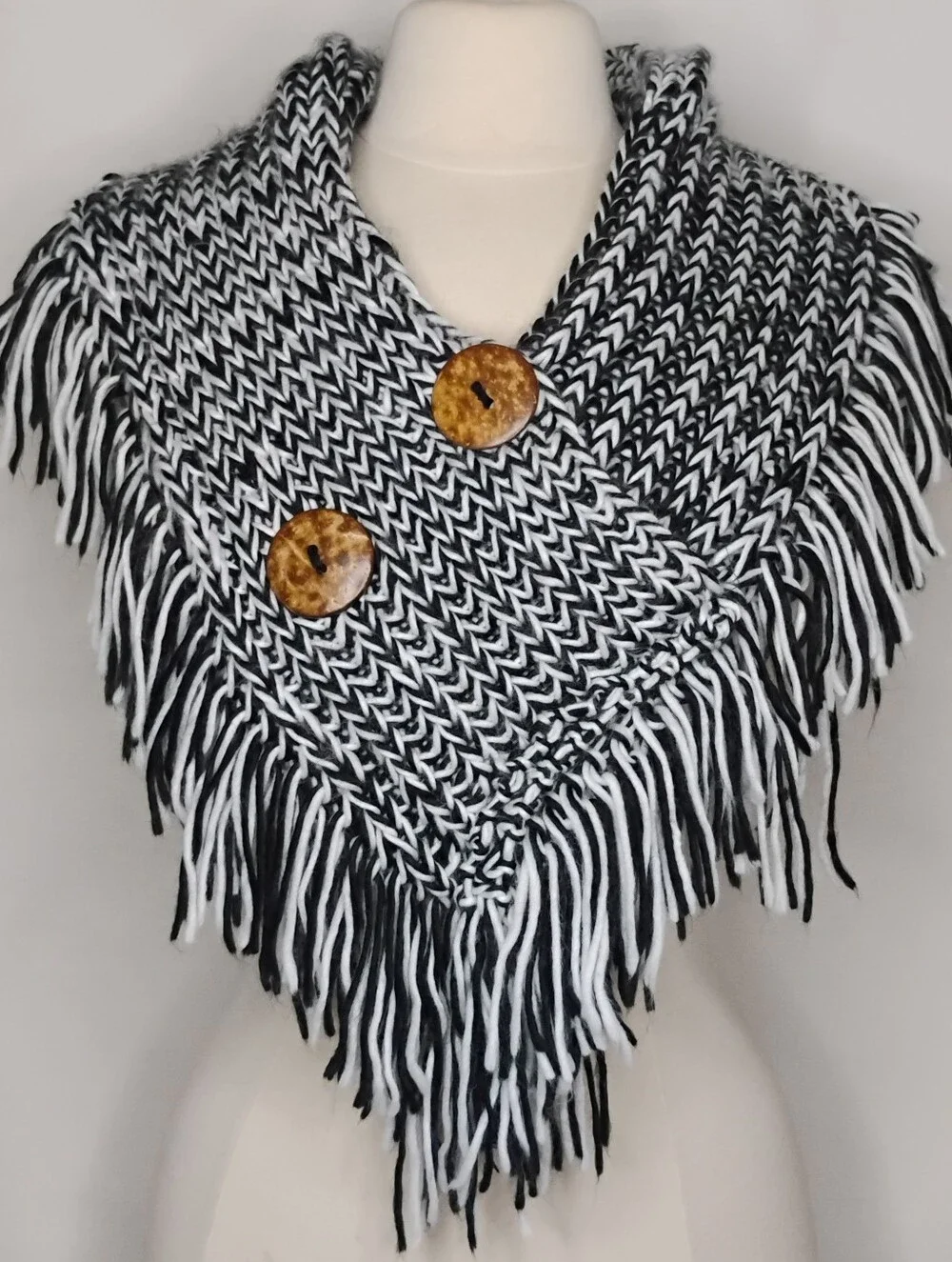 Women's Black & White Fringe Soft Warm Woven Crochet Knit Shawl Wooden Buttons